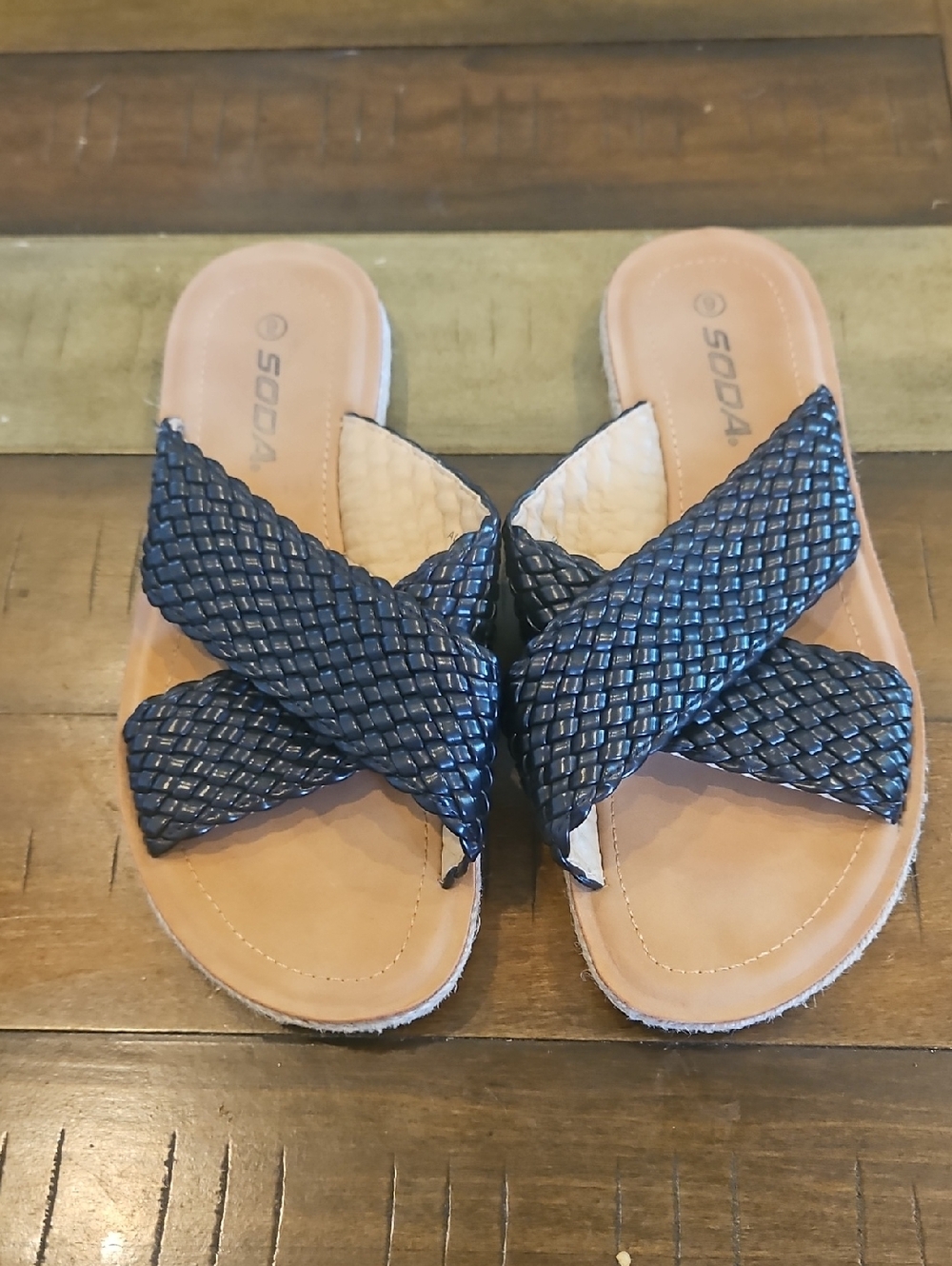 EUC Soda Black Braided Crossover Slide Sandals